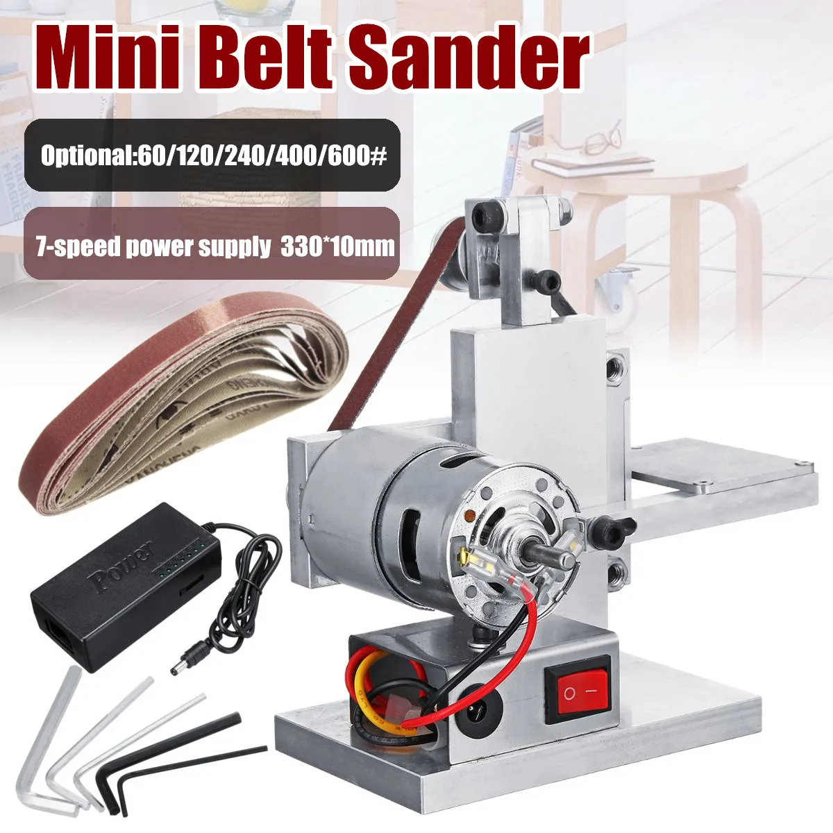 

DIY Mini Belt Sander Machine 330x20MM Sanding Grinding Sharpening With 7-speed Speed Control Power Supply