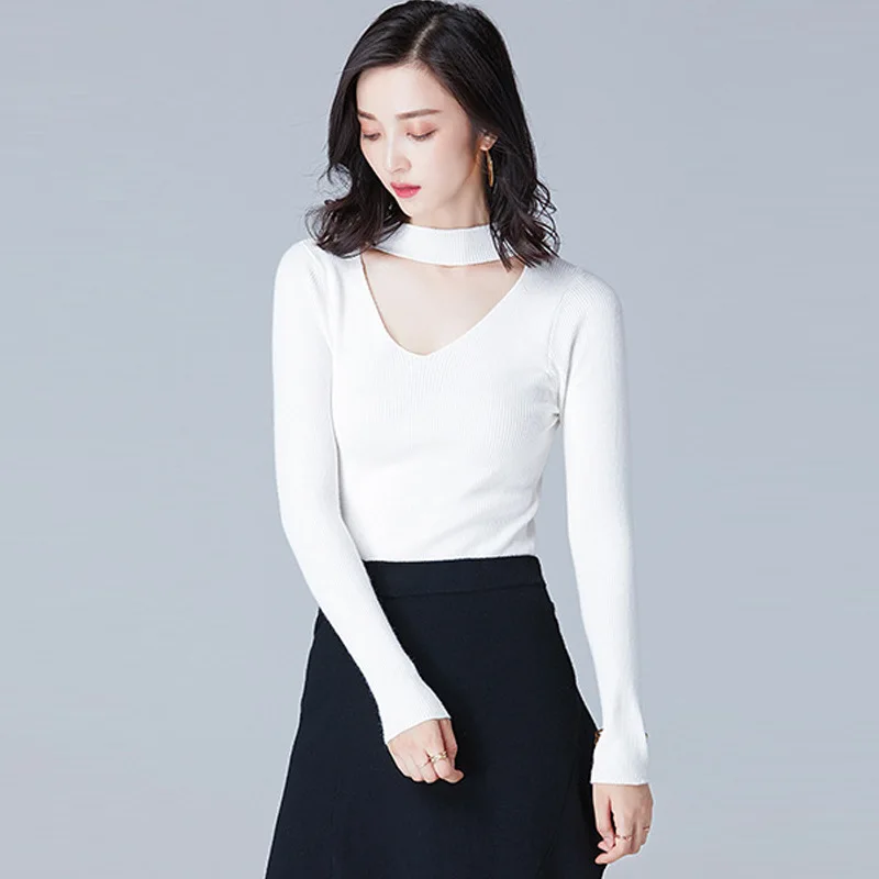 2018 autumn and winter new V-neck sweater wild slim slimming shirt long-sleeved slim pullover sweater women