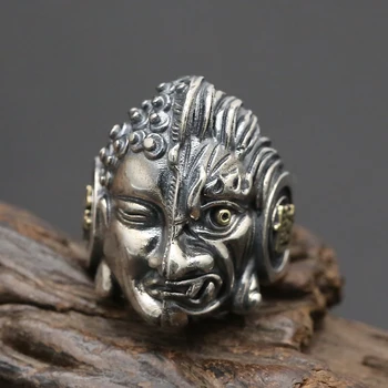 

925 Solid Sterling Silver Buddhism Good and Evil Buddha Devil Open Ring For Men A3776