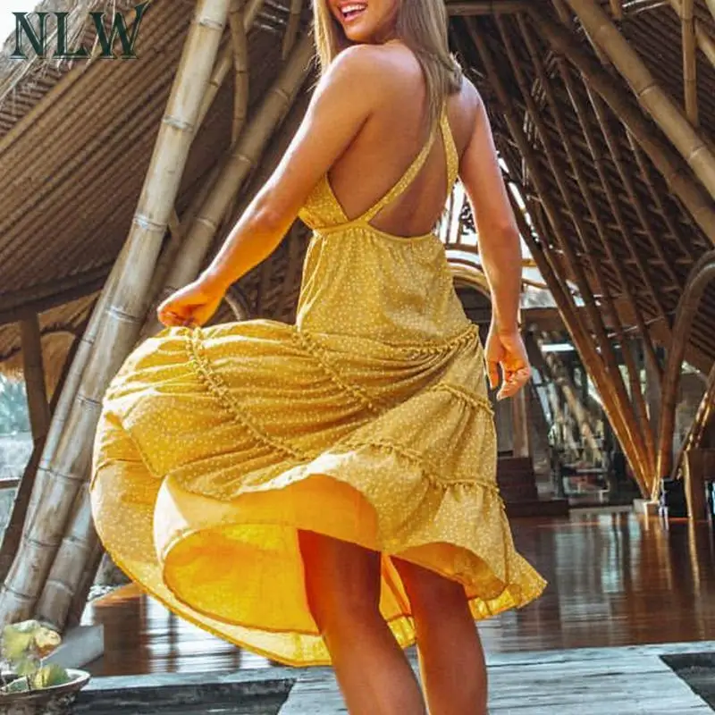 

NLW Vintage Party Ruffle Women Dress Casual Beach Yellow Summer 2019 Dresses Polka Dot Robe Long Backless Sexy Dress Vestidos