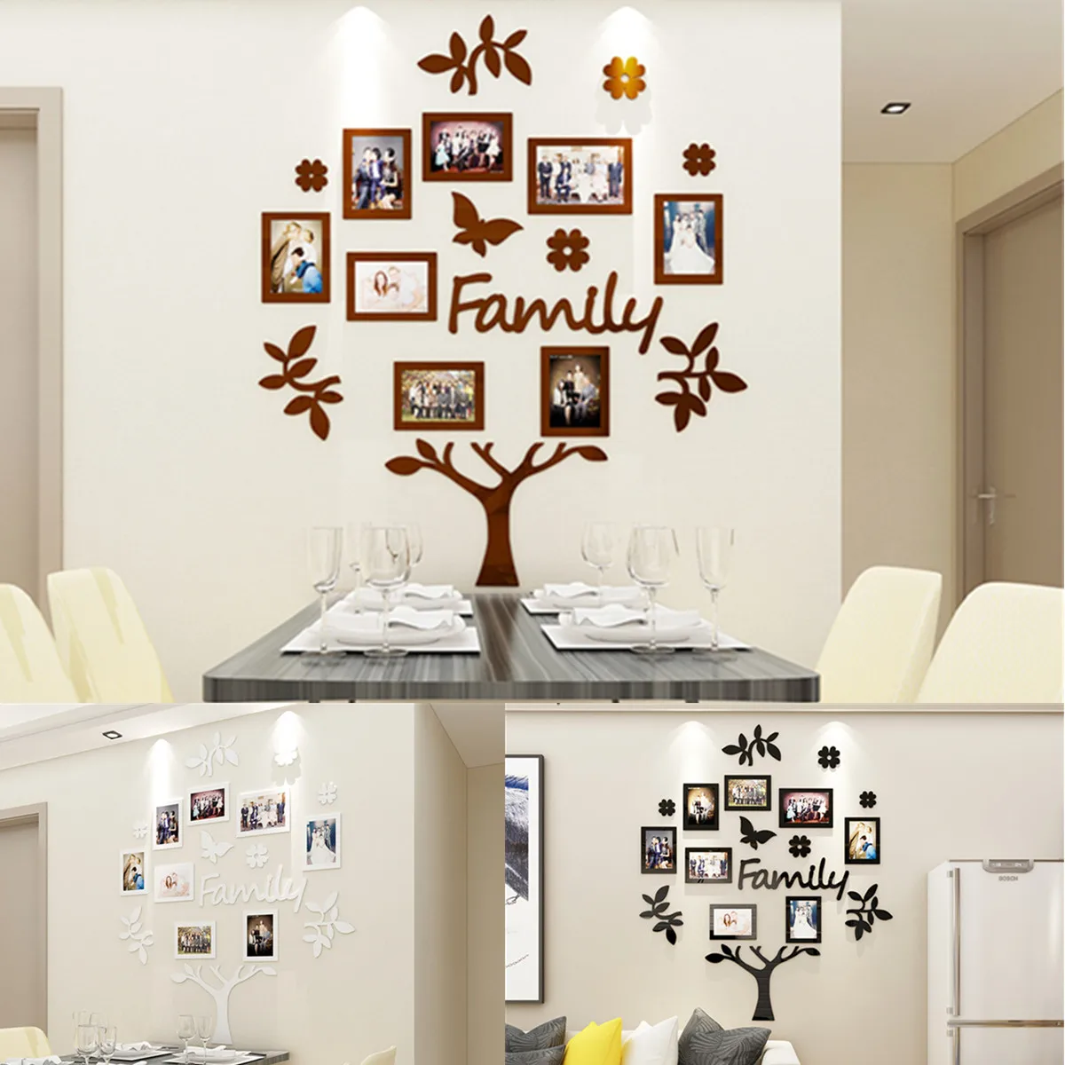 

3D Arcylic Wall Sticker Photo Poster DIY Family Photo Frame Tree Home Decor Art Picture Frame Wall Decals Posters Coffee White