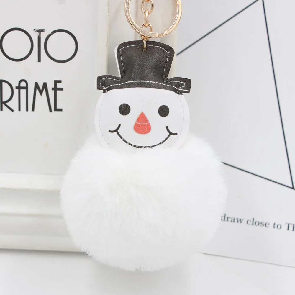 

Christmas snowman Keychain Pom pom Fake Fur Ball Key Chain Fluffy Pompon Keyring Bag Charms Key Ring Gift fluffy keychain on bag