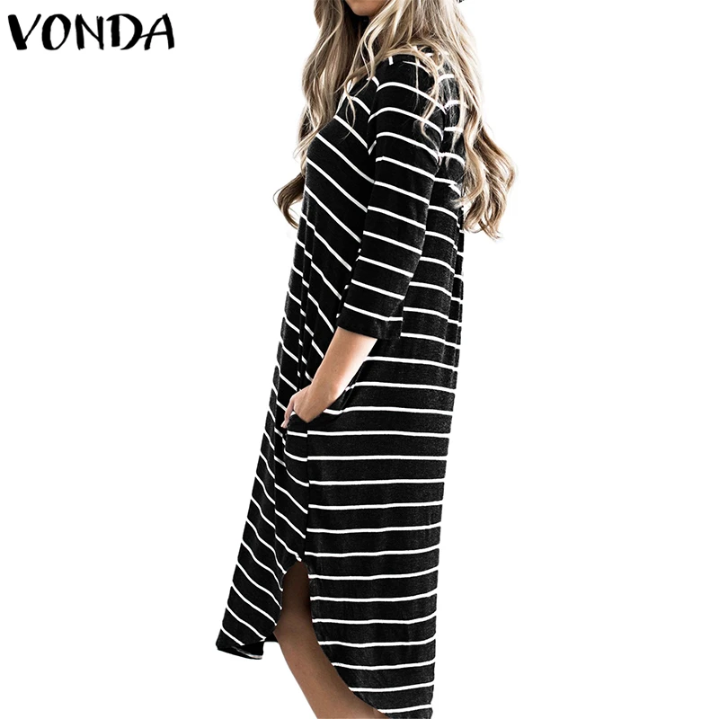 VONDA, женское платье в полоску, весна-осень, повседневное, свободное, рукав 3/4, о-образный вырез, карманы, асимметричное, Сплит, до середины икры размера плюс, Vestidos