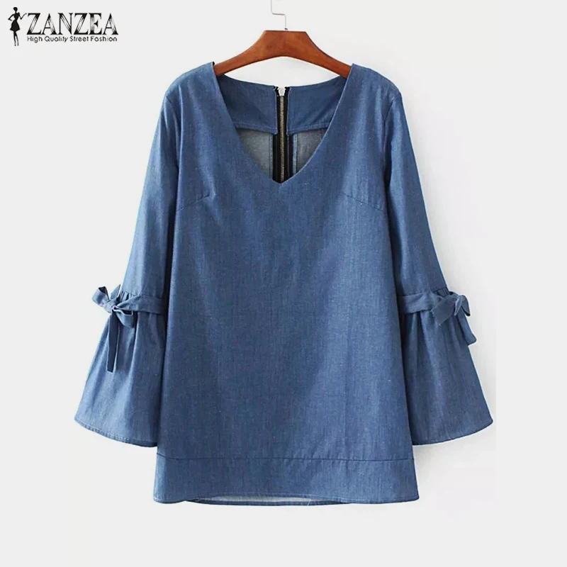 

2019 ZANZEA Fashion Women Spring Elegant V Neck Long Sleeve Ruffles Blouse Solid Shirt Casual Work OL Top Denim Blue Blusas 5XL