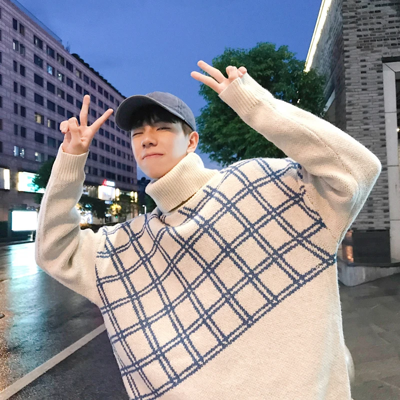 2018 Winter Men's Fashion In Warm Cashmere Coats Embroidery Woolen Sweaters Casual Pullover Brand Clothes Lattice Knitting M-XL