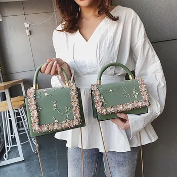 

Lace Flowers Women Bag 2019 New Handbag High Quality PU Leather Sweet Girl Square Bag Flower Pearl Chain Shoulder Messenger Bags