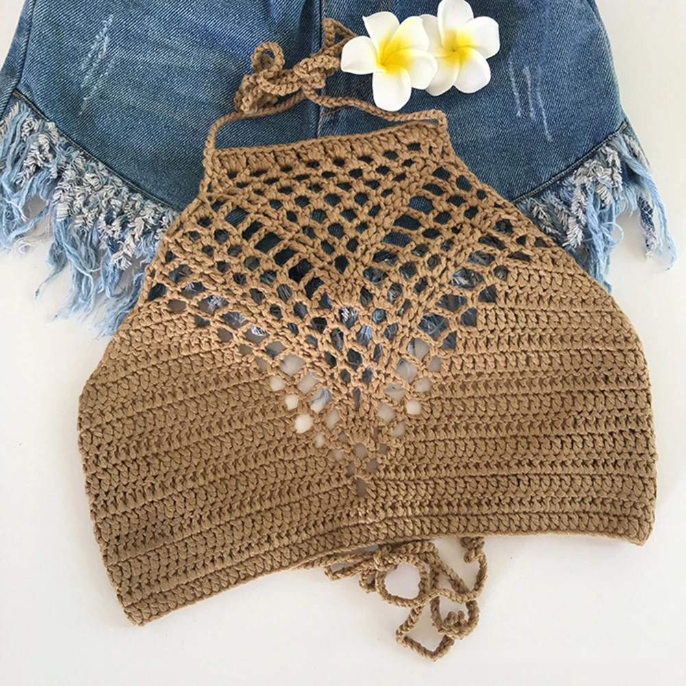 

New Women Crochet Bikini Knitting Halter Top Solid Color Wrapped Chest Bra