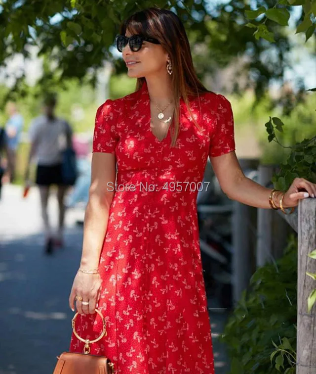 

Stylish Red Print Short Sleeve V Neck Midi Dress With Button Front Closure