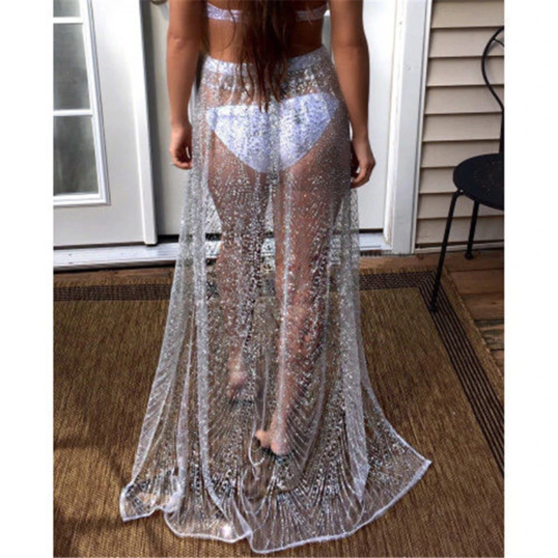 New Women's Bathing Suit Lace Up Crochet Bikini Cover Up Swimwear Summer Beach Sequined Skirt