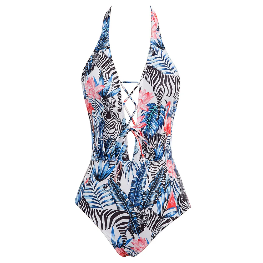 

Gk Sexy Women Backless Lace-up Front Deep V-neck One-piece Swimsuit Bathing Suit Lightly Padded Cups Provide Shape