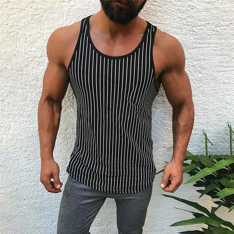 New Fashion Men Clothes Striped Tank Tops Round Neck Casual Loose Tanks