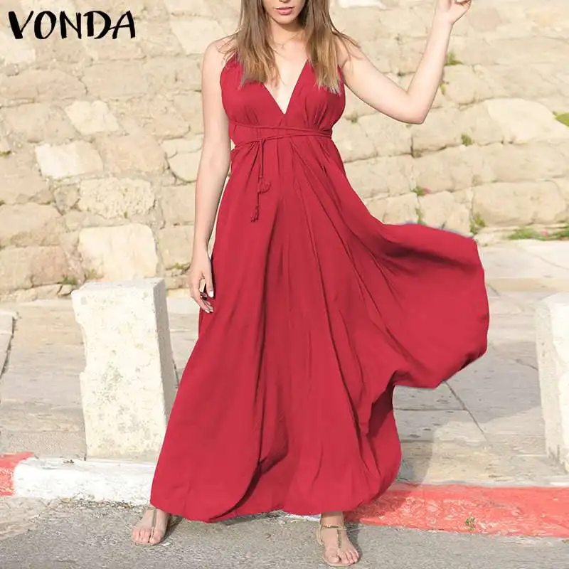 

VONDA Women Dress Summer 2019 Bohemian V Neck Sleeveless Backless Party Maxi Long Dresses Sexy Holiday Vestidos Plus Size