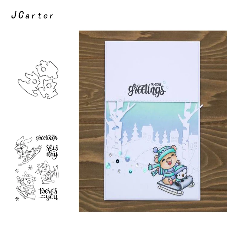 

JCarter Greeting Skiing Animals Metal Cutting Dies or Clear Stamps for Scrapbooking DIY Embossing Folder Paper Maker Template