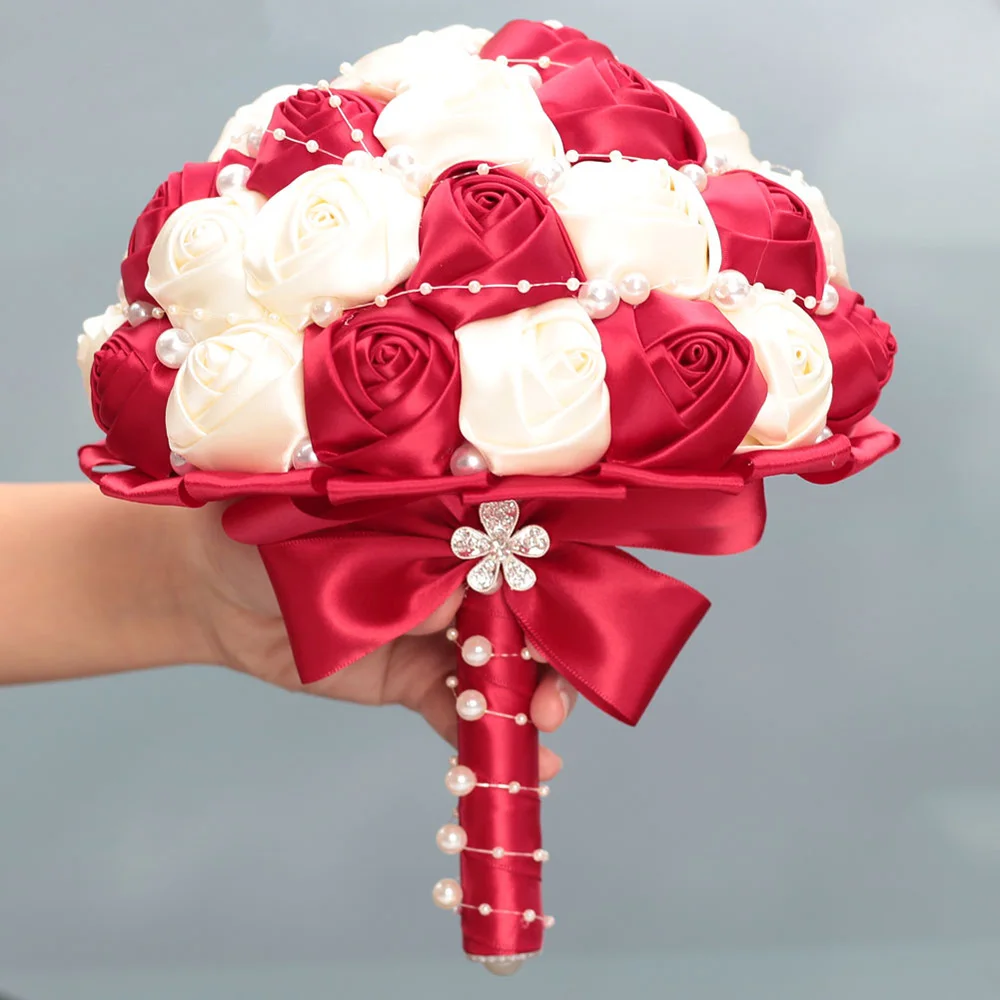 18cm Red Bridal Bouquet Satin Rose Pearls Artificial Wedding Flower