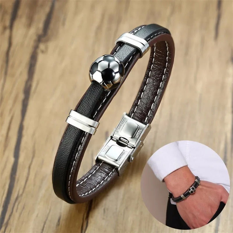 

Men's Silverly Stainless Steel Soccer Ball Charm Black Genuine Leather Bracelet for Men Teacher Soccer Team Gift