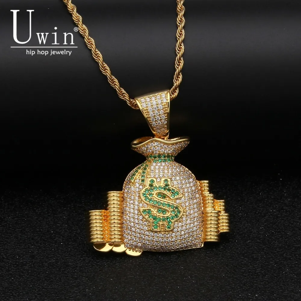 

UWIN Money Bag Pendant AAA CZ Bling Iced Out Champagn Micro Paved Hip Hop Necklace Tennis Chain Men's Hiphop Jewelry