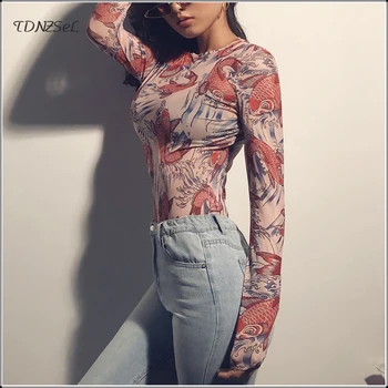 

Women Long Sleeve Sexy Transparent Bodysuit Fish Print Skinny Bottoming Shirt See Through Jumpsuit Slim Nightclub Mesh Playsuit