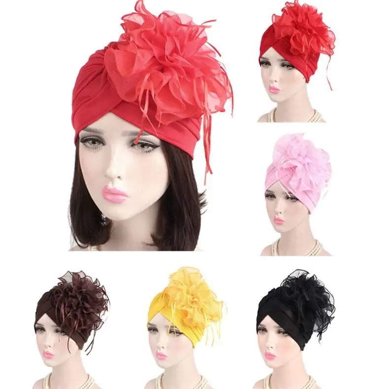 

Indian Women Muslim Retro Turban Hat Big Flower Bonnet Lace Hair Loss Head Scarf Wrap Caps Pleated Tassel Chemo Hat Beanies New