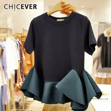 CHICEVER футболки с оборками для женщин О-образный вырез короткий рукав асимметричный подол хит цвет короткие топы Женская футболка корейская модная одежда