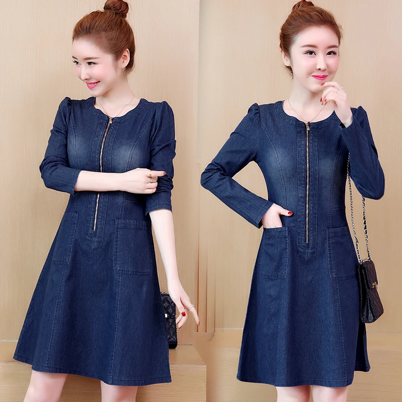 Denim Dresses Women Knee Length Long Sleeve Dress Women Plus Size 4XL ...