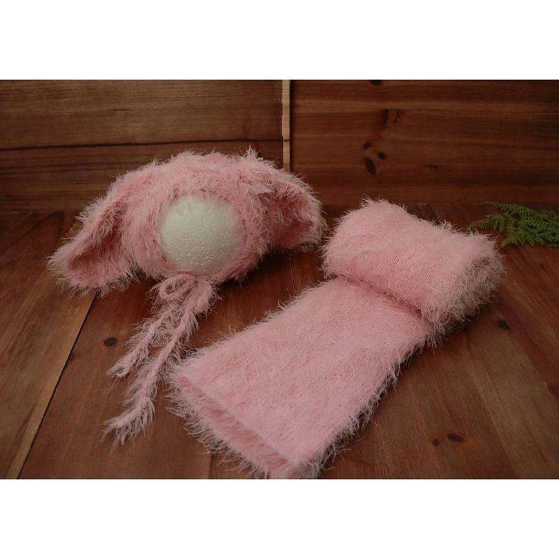 

Pink Bunny Bonnet Wrap Set Baby Stretch Knit Wrap Layer Fabric Photography Props Baby Swaddle Blanket Knitted Animal Hat