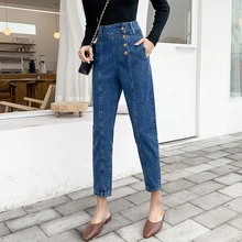 Для женщин Ретро косой пуговицы Высокая талия бойфренд джинсы для джинсы Формальные повседневное Синие ботильоны Джинс