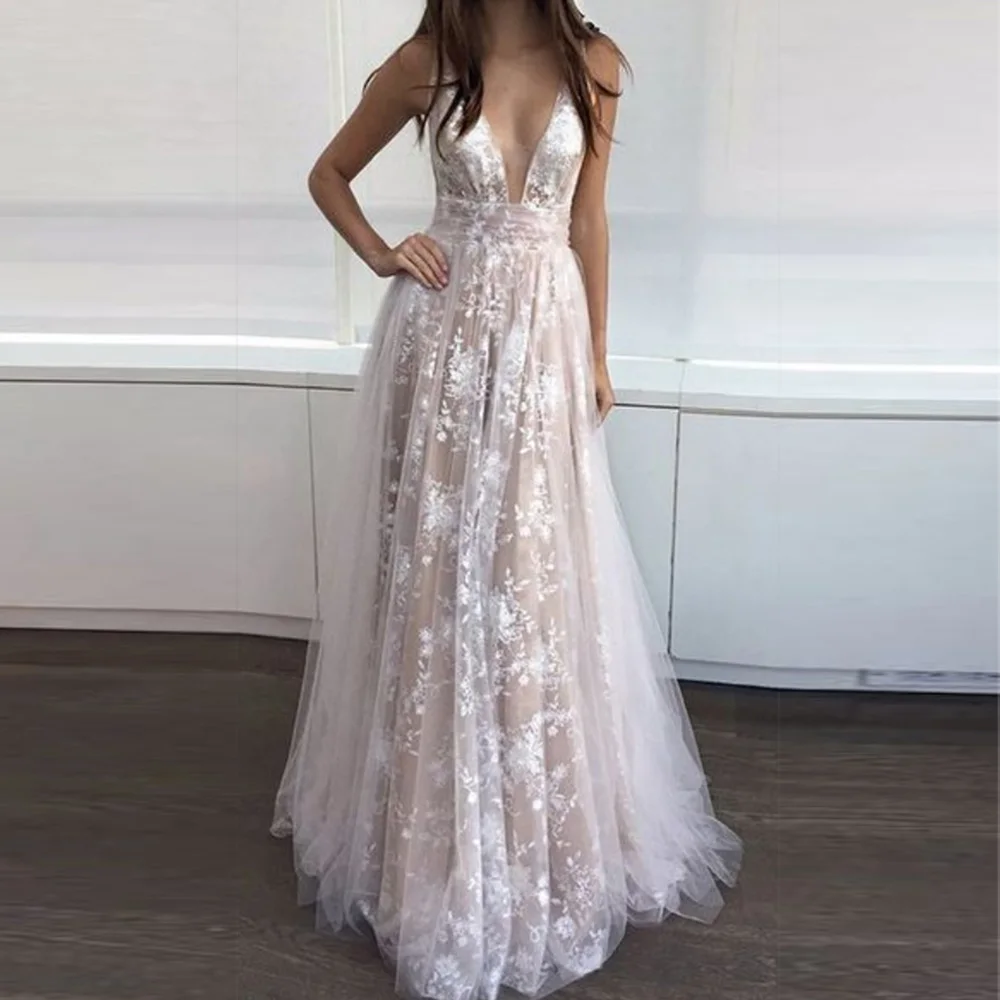 

Women Deep V-neck Lace Evening Party Ball Prom Gown Cocktail Wedding Long Dress