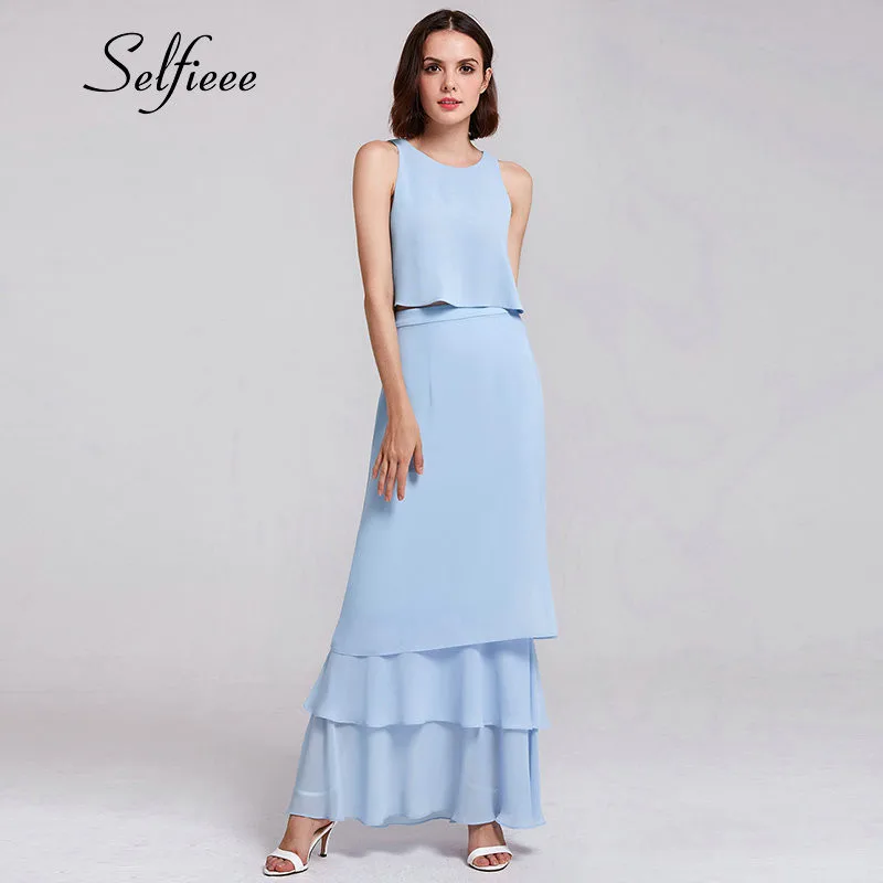

New Summer Two Piece Dress 2019 Elegant A Line O Neck Sleeveless Long Beach Dresses 4 Colors Ruffles Party Dresses Robe Femme