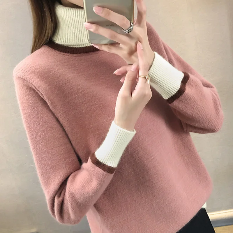 PEONFLY Autumn Winter Thick Turn-down Collar High Elasticity Casual Pullovers Female Thick Turtleneck Knitted Women Sweater