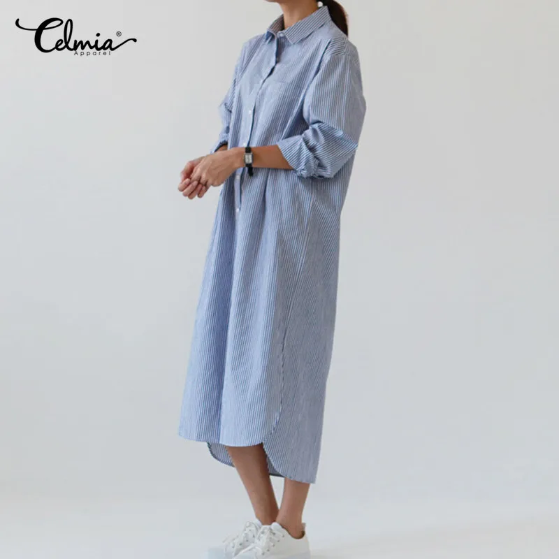 Celmia 2019 Summer Striped Women Shirt Dress Lapel Long