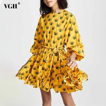 

VGH Spring Casual Print Mini Dress For Women O Neck Long Sleeve Bandage High Waist A Line Dresses Female 2020 Fashion New Tide