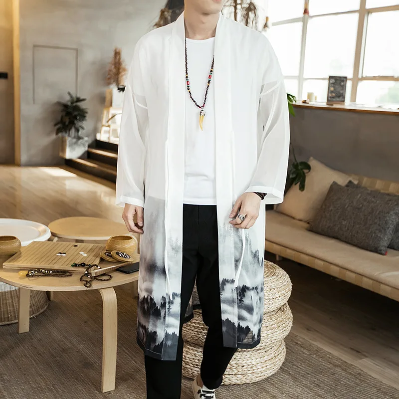 

#4025 Summer Chiffon Windbreaker Men Thin Kimono Long Trench Coat Men Plus Size 5XL Sunscreen Open Stitch Chinese Style Fashion