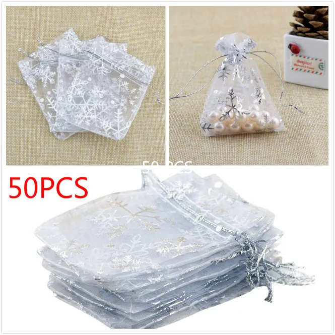 #*Cheap 50pcs Christmas Snowflake Print White Drawable Organza Bags 7x9 cm Wedding Gift Bags, Jewelry Pouches,Small Candy Bags WN0822