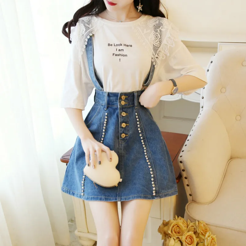 

XUXI Cute Twinset Student Half-body Skirt Woman Skirts Sling Mini Cowboy With Shoulder Straps Pleated For Girl Summer FZ203