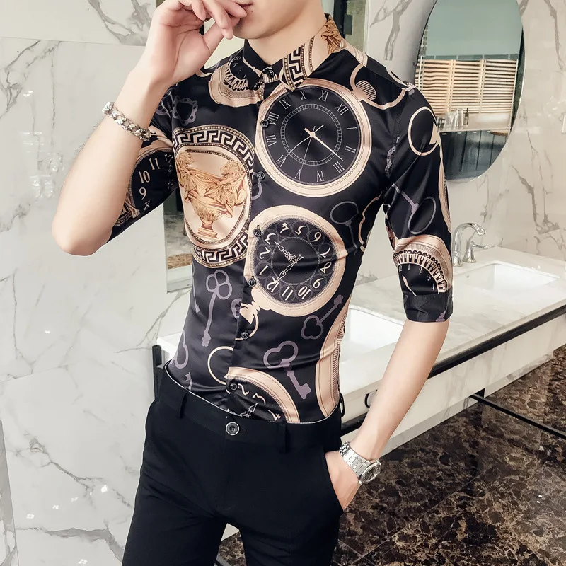 

Gold Alarm clock print Casual Shirt Men short Sleeve Shirt Korean Dress Slim Fit Tuxedo Shirts Male Party Club Work Shirt camisa