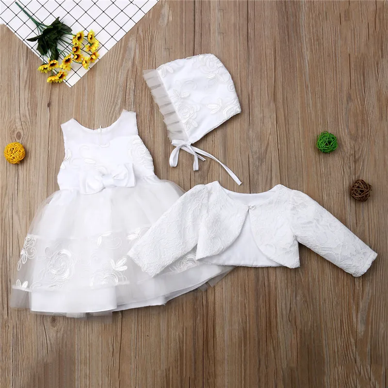 

Baby Girls clothes round neck bow Tulle Princess Party lace Dresses Geometry Hat long sleeve coat 3pc kids Toddler cotton outfit