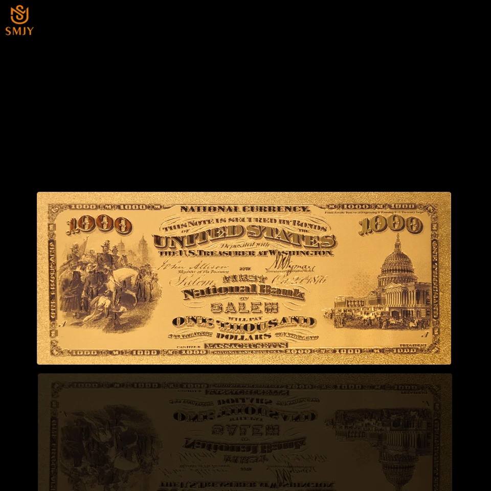 Новые товары США 1875 золотые банкноты 24k поддельные купюры 1000 долларов с COA рамкой