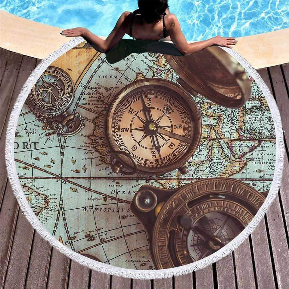 

3D Compass Round Beach Towel World Map Towel Large For Adult 3d Print Retro Style Toalla Tassel Yoga Mat 150cm