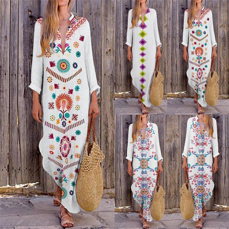 

Women's Deep V Neck Kaftan Long Sleeve Loose Casual Beach Baggy Print Dress