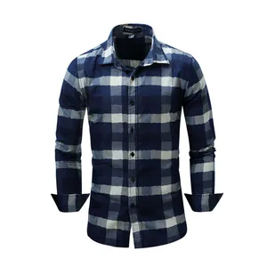 Blue Plaid Long Sleeve Shirts Men Spring Check Shirt Cotton Slim Fit Casual Style Button-down Male Clothing EU Size