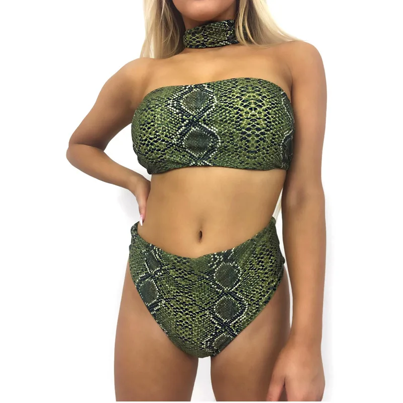 

Snake Skin Print Bikini Set Women Swimwear Choker Bandeau Bikinis Summer Swimsuit Female Sexy Bathing Suit Biquini