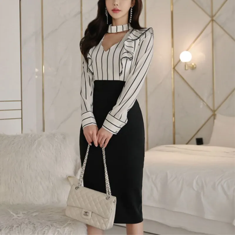 

Women Dress 2019 Spring Elegant Long Sleeve Patchwork Stripe Slim Formal Party Dress Bodycon Office Lady Work Dress Autumn