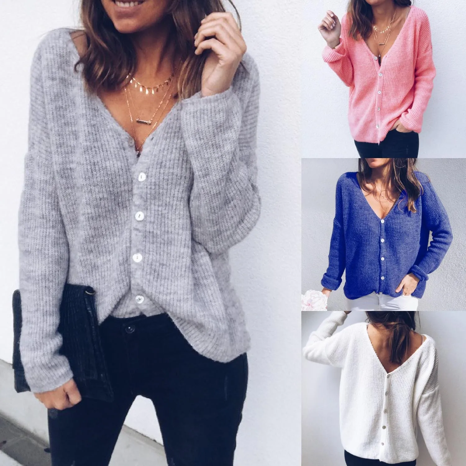 

Uguest Women Sweater Solid Botton Open Stitch Long Sleeve V-neck Casual Cardigans Loose Sexy Top Coat For Women