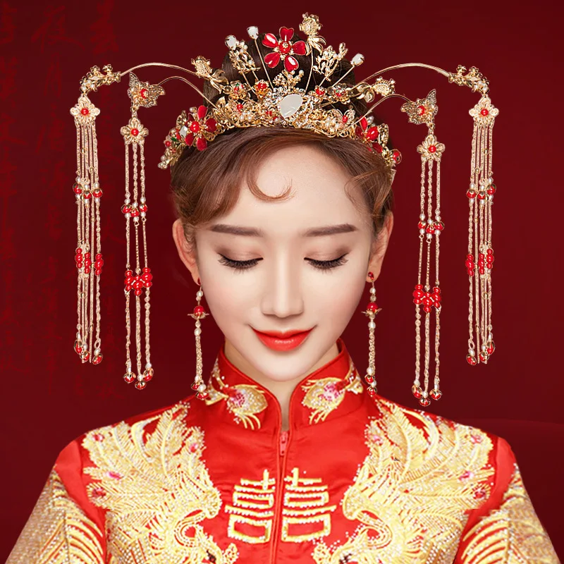 

T04 Chinese Style Wedding Jewelry Sets Retro Bride Headwear Step Shape Golden Phoenix Coronet Bridal Crown Tassles Earrings