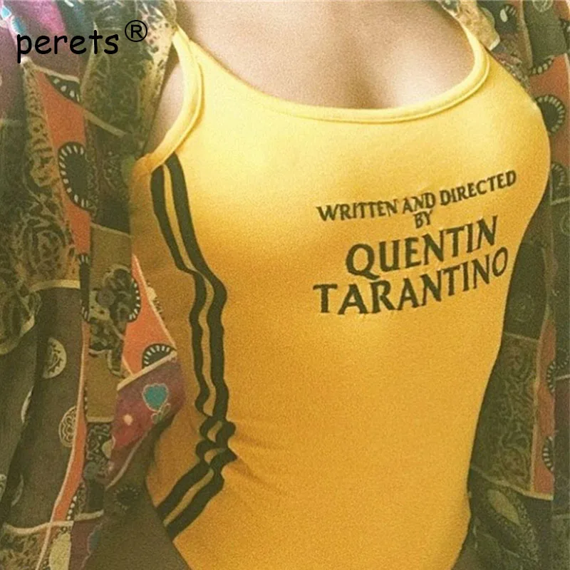 Body Tarantino Sexy Bodysuits 2018 Summer Women O-Neck Bodycon Skinny Jumpsuits Romper Button Yellow Letter Print Bodysuit S-XL