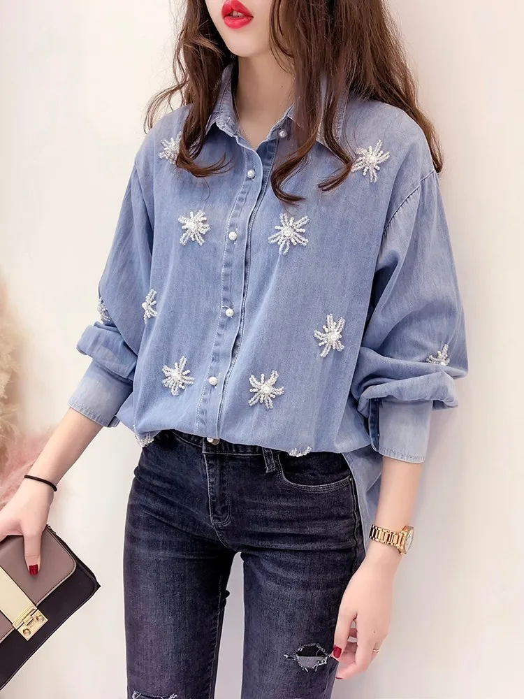 Femmes Denim Veste Mode 2019 Bleu Manches À Longues Floral Perles Nouveauté gq5xZUtWx