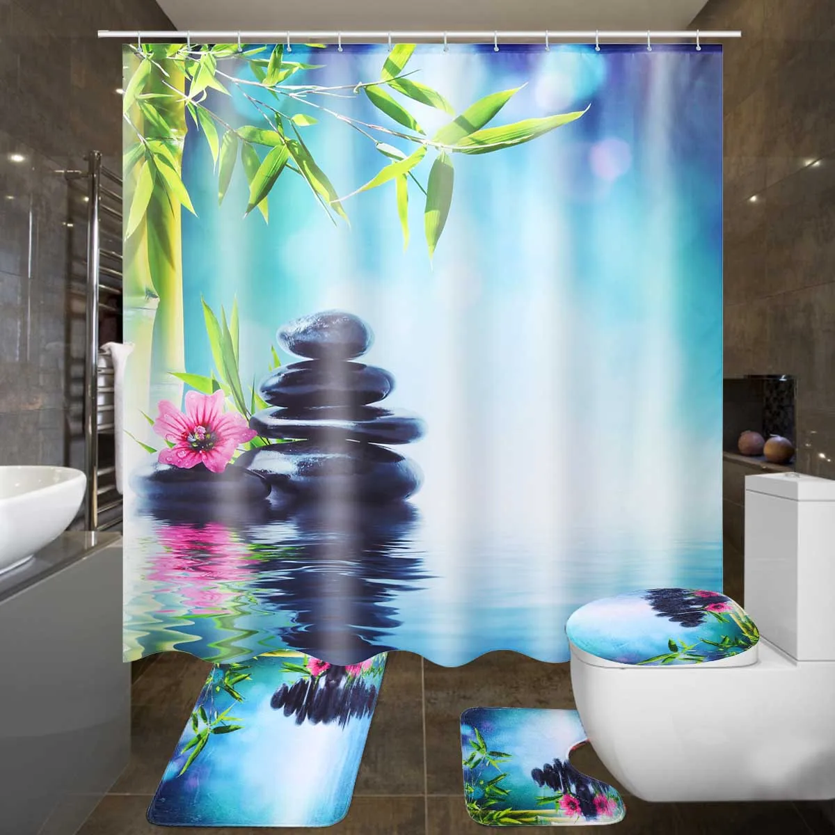Bamboo&Stones Shower Curtain Bath Curtains + 12pcs Hooks Non-slip Waterproof for Bathroom Green Screen Decoration 180x180cm