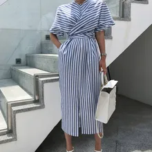 Korean Women Summer Cotton Blue Striped Long Dress Female Long Warp Bandage Split Dress Korean Women Summer Cotton Blue Striped Long Dress Female Long Warp Bandage Split Dress