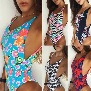 

Fashion Summer One Piece Bandage Floral Printed Jumpsuits Bikini Women's Bodysuits Playsuits Swimwear bathing Suit