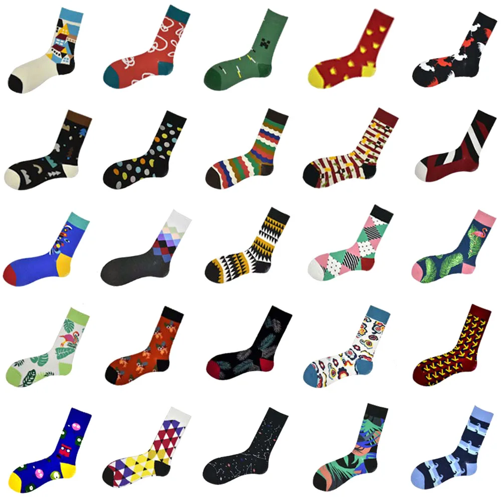 

PEONFLY Casual Combed Cotton Men's Socks Harajuku Street Hip Hop Funny Happy Socks Colorful Pattern Long Socks For Men